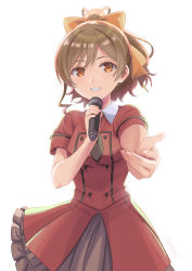 Rule 34 | 1girl, absurdres, blush, bow, brown eyes, brown hair, decocharaseal, female focus, fingernails, grin, hair bow, highres, long hair, looking at viewer, microphone, miyama suzune, outstretched arm, outstretched hand, selection project, simple background, smile, solo