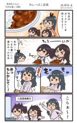 Rule 34 | &gt; &lt;, 3girls, 4koma, akagi (kancolle), black hair, brown hair, chibi, chibi inset, comic, commentary request, curry, curry rice, food, hair between eyes, highres, holding, holding spoon, houshou (kancolle), japanese clothes, kaga (kancolle), kantai collection, kimono, megahiyo, multiple girls, o o, open mouth, pink kimono, ponytail, rice, side ponytail, speech bubble, spoon, tasuki, thought bubble, translation request, triangle mouth, twitter username