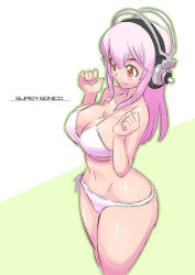 Rule 34 | 1girl, bikini, blush, breasts squeezed together, breasts, cleavage, headphones, king of unlucky, large breasts, long hair, navel, nitroplus, pink hair, red eyes, smile, solo, super sonico, swimsuit, white bikini