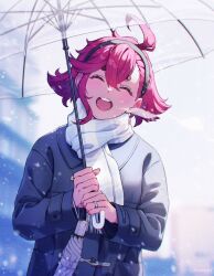 Rule 34 | ahoge, alternate costume, asymmetrical sidelocks, black hairband, blush, breath, casual, closed mouth, coat, grey coat, gundam, gundam suisei no majo, hairband, highres, holding, holding umbrella, jewelry, korean commentary, long sleeves, mwoji, open mouth, outdoors, red hair, ring, scarf, signature, smile, snowing, suletta mercury, teeth, thick eyebrows, transparent, transparent umbrella, umbrella, upper body, upper teeth only, wedding ring