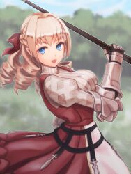 Rule 34 | 1girl, :d, black gloves, blonde hair, blue eyes, blurry, blurry background, braid, breasts, dress, drill hair, french braid, gauntlets, gloves, hair intakes, hair ribbon, highres, holding, holding staff, juliet sleeves, kawasumi mahiro, large breasts, long hair, long sleeves, open mouth, pinafore dress, puffy sleeves, red dress, red ribbon, ribbed sweater, ribbon, scarlett (unicorn overlord), sleeveless, sleeveless dress, smile, solo, staff, sweater, turtleneck, turtleneck sweater, unicorn overlord, white sweater