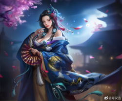 Rule 34 | 1girl, a han ji, absurdres, architecture, bare shoulders, black hair, blurry, blurry background, building, character request, collaboration, east asian architecture, flower, hair flower, hair ornament, hand fan, higawari naishitsu, highres, japanese clothes, kimono, long hair, long sleeves, night, night sky, sky, solo, yiqian zhang