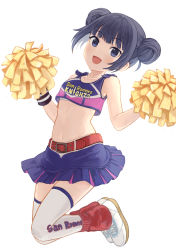 Rule 34 | 1girl, belt, belted skirt, black hair, blue eyes, blue shirt, blue skirt, bra, bra peek, breasts, character request, cheerleader, commentary request, copyright request, cosplay, double bun, hair bun, hands up, highres, juliet starling, juliet starling (cosplay), jumping, leg warmers, legs, lollipop chainsaw, looking at viewer, midair, multicolored clothes, navel, oekakibanbi, open mouth, pom pom (cheerleading), print tank top, print thighhighs, red belt, shirt, shoes, skirt, small breasts, smile, sneakers, solo, stomach, tank top, thighhighs, thighs, underwear, white bra, white footwear, white thighhighs, wristband