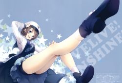 Rule 34 | 1girl, absurdres, blue background, blue eyes, blue footwear, breasts, full body, hand up, hat, highres, light brown hair, long sleeves, looking at viewer, love live!, love live! school idol festival, love live! sunshine!!, medium breasts, necktie, scan, senji (tegone spike), shoes, short hair, shorts, simple background, skirt, smile, socks, solo, star (symbol), watanabe you, white socks
