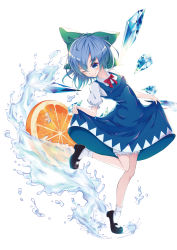 Rule 34 | 1girl, absurdres, bloomers, blue dress, blue eyes, blue hair, blush, bow, cirno, cirno day, clothes lift, collared shirt, commentary request, dress, dress lift, food, fruit, full body, green bow, hair bow, highres, ice, ice wings, looking at viewer, mary janes, one eye closed, orange (fruit), orange slice, pinafore dress, puffy short sleeves, puffy sleeves, red neckwear, red ribbon, ribbon, shirt, shoes, short hair, short sleeves, simple background, sleeveless dress, smile, socks, solo, standing, standing on one leg, touhou, underwear, white background, white shirt, white socks, wing collar, wings, yamanakaume
