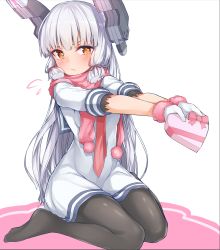 Rule 34 | 1girl, absurdres, black pantyhose, box, chausson, commentary request, dress, flying sweatdrops, full body, fur-trimmed gloves, fur trim, gloves, hair ribbon, headgear, heart, highres, kantai collection, long hair, murakumo (kancolle), necktie, orange eyes, pantyhose, pink scarf, red necktie, ribbon, sailor dress, scarf, short eyebrows, sidelocks, silver hair, sitting, solo, tress ribbon, wariza, white gloves
