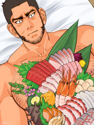 Rule 34 | 1boy, bara, beard, black hair, buzz cut, chest hair, facial hair, food, food on body, food on pectorals, goatee stubble, golden kamuy, large pectorals, long sideburns, male focus, mature male, muscular, muscular male, nantaimori, nervous, nipples, nopinzo, pectorals, short hair, shrimp, sideburns, slit pupils, solo, stubble, sushi, tanigaki genjirou, thick eyebrows, upper body, very short hair, wavy mouth, wide-eyed