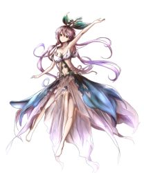 Rule 34 | 10s, 1girl, amage kanade, arm up, armpits, bad id, bad pixiv id, bare legs, bare shoulders, barefoot, breasts, brown eyes, cleavage, clothing cutout, cross-laced clothes, dress, feet, flower, full body, granblue fantasy, hair between eyes, hair flower, hair ornament, heart, heart print, highres, leaf, leaf on head, legs, long hair, looking at viewer, low twintails, monster girl, navel, navel cutout, plant girl, purple hair, simple background, solo, standing, twintails, very long hair, white background, yggdrasill (granblue fantasy)