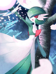 Rule 34 | 1girl, absurdres, arm up, blue sky, bob cut, castle, clarashiina, colored skin, creatures (company), energy ball, female focus, flat chest, from below, full moon, game freak, gardevoir, gen 3 pokemon, green hair, green skin, hair over one eye, highres, moon, multicolored skin, night, nintendo, one eye covered, open mouth, outdoors, outstretched arm, petals, pokemon, pokemon (creature), red eyes, short hair, sky, solo, standing, star (sky), starry sky, tree, two-tone skin, white skin