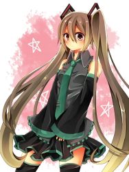 Rule 34 | 1girl, brown eyes, brown hair, cosplay, detached sleeves, female focus, hair ribbon, hatsune miku, hatsune miku (cosplay), long hair, momokumahorse, necktie, ribbon, skirt, sleeves past wrists, solo, starry sky (game), thighhighs, twintails, vocaloid, yahisa tsukiko, zettai ryouiki