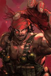Rule 34 | 1boy, bandana, brown hair, explosive, fingerless gloves, gloves, grenade, hand up, hungry clicker, ikari warriors, male focus, manly, metal slug, muscular, open mouth, ralf jones, red gloves, red headwear, simple background, snk, solo, the king of fighters, topless male, upper body, vest, weapon