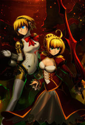 Rule 34 | 2girls, 47ness, aegis (persona), artoria pendragon (all), artoria pendragon (fate), bare shoulders, blue eyes, breasts, crossover, dress, fate/stay night, fate (series), gradient background, green eyes, multiple girls, persona, persona 3, saber (fate), sawashiro miyuki, short hair, sleeveless, sparkle, sword, thighhighs, watermark, weapon