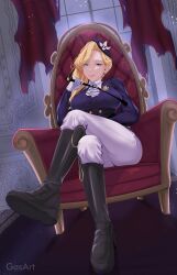 Rule 34 | 1girl, absurdres, artist name, ascot, azur lane, black footwear, blonde hair, blue eyes, blue hat, blue jacket, boots, breasts, chain, commentary, commission, crossed legs, earrings, english commentary, flower, frilled ascot, frills, full body, gasart, gloves, hat, hat flower, highres, holding, holding riding crop, hood (azur lane), hood (gentlewoman and stallion) (azur lane), jacket, jewelry, knee boots, large breasts, long hair, long sleeves, looking at viewer, official alternate costume, pants, pants tucked in, riding boots, riding crop, riding outfit, royal navy emblem (azur lane), sitting, smirk, solo, tilted headwear, torn curtains, watermark, white gloves, white pants, window