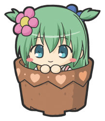 Rule 34 | 1girl, bad id, bad pixiv id, blue eyes, blush stickers, chibi, commentary request, emil chronicle online, flower, green hair, hair between eyes, hair flower, hair ornament, heart, in container, in pot, looking at viewer, pink flower, ri-net, shabotan alma, simple background, solo, two side up, white background