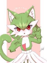 Rule 34 | 1girl, animal ear fluff, animal ears, artist name, blush, bob cut, body fur, cat ears, cat girl, cat tail, claw pose, collarbone, colored skin, cowboy shot, creatures (company), fang, female focus, flat chest, game freak, gardevoir, gen 3 pokemon, green fur, green hair, green skin, hair between eyes, hands up, japanese text, kemonomimi mode, looking at viewer, multicolored skin, nintendo, no panties, nose blush, open mouth, pink background, pokemon, pokemon (creature), pussy, red eyes, shinba (sinba812), short hair, signature, simple background, skirt, solo, standing, tail, tail raised, translated, two-tone skin, uncensored, white skin, white skirt