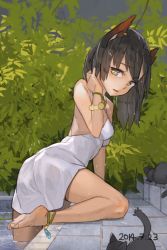 Rule 34 | 1girl, animal ears, ankleband, anklet, arched back, arm support, bare shoulders, barefoot, black hair, bracelet, brown eyes, cat, dated, dress, jewelry, leg lift, leg up, looking back, lots of jewelry, original, poolside, solo, toro (konirio), wet, wet hair, white dress, wristband