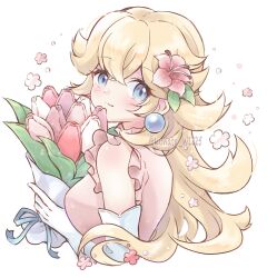 Rule 34 | blonde hair, blue eyes, blush, bouquet, closed mouth, dress, earrings, flower, gloves, hair flower, hair ornament, highres, holding, holding bouquet, jewelry, konata w1225, long hair, looking at viewer, mario (series), nintendo, no headwear, pink dress, pink flower, princess peach, simple background, sleeveless, sphere earrings, upper body, white background, white flower, white gloves