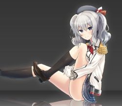 Rule 34 | 10s, 1girl, beret, black socks, blue eyes, buttons, dorsiflexion, epaulettes, gloves, grey eyes, grey skirt, hat, jacket, kantai collection, kashima (kancolle), kneehighs, leg up, loafers, looking at viewer, military, military uniform, miniskirt, pleated skirt, reflection, shoes, sidelocks, silver hair, simple background, sitting, skirt, smile, socks, solo, twintails, uniform, wavy hair, white gloves, zero (miraichizu)