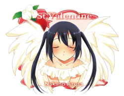 Rule 34 | aruki, black hair, dress, closed eyes, flower, heart, incoming kiss, k-on!, long hair, nakano azusa, rose, solo, twintails, valentine, white flower, white rose, wings