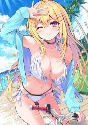 Rule 34 | 1girl, arm up, armpits, bare shoulders, bicycle, bikini, blonde hair, blue jacket, blue sky, breasts, choker, cleavage, cloud, collarbone, commentary request, cu-no, day, earrings, hair ornament, hairclip, hakurei botan, halterneck, hisen kaede, jacket, jewelry, large breasts, layered bikini, long hair, long sleeves, looking at viewer, navel, ocean, off shoulder, one eye closed, open clothes, open jacket, outdoors, palm tree, purple eyes, side-tie bikini bottom, sky, smile, solo, stomach, sunlight, swimsuit, thighs, tree, very long hair, white bikini