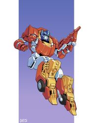 Rule 34 | autobot, blue eyes, clenched hand, ct990413, gun, holding, holding gun, holding weapon, looking ahead, mecha, optimus prime, robot, science fiction, solo, transformers, weapon, wheel