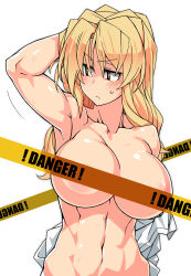 Rule 34 | 1girl, abs, arm behind head, armpits, blonde hair, blush, breasts, censored, collarbone, english text, hair between eyes, highres, kaitou reiko, large breasts, long hair, looking to the side, muscular, muscular female, navel, original, oteruko (wanabeee), out-of-frame censoring, scar, scar on arm, scar on chest, scar on stomach, shirt, solo, tape censor, toned, unworn shirt, white background, white shirt