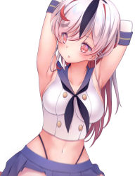 Rule 34 | 1girl, :o, ahoge, armpits, arms behind head, arms up, bad id, bad pixiv id, black neckerchief, blue sailor collar, blue skirt, blush, breasts, collarbone, cosplay, elbow gloves, gloves, highres, kantai collection, looking to the side, medium breasts, miniskirt, multicolored hair, navel, neckerchief, open mouth, original, pleated skirt, red eyes, red hair, sailor collar, school uniform, serafuku, shimakaze (kancolle), shimakaze (kancolle) (cosplay), shirt, sideboob, silver hair, simple background, skirt, sleeveless, sleeveless shirt, solo, stomach, straight hair, streaked hair, tareme, thong, upper body, wakkuchin20, white background, white gloves, white shirt