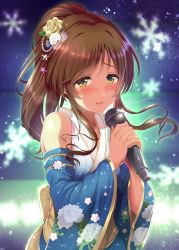 Rule 34 | 1girl, absurdres, blue kimono, blush, brown eyes, brown hair, commentary request, detached sleeves, embarrassed, floral print, flower, hair flower, hair ornament, highres, holding, holding microphone, idolmaster, idolmaster cinderella girls, japanese clothes, kimono, long hair, ment, microphone, open mouth, ponytail, print kimono, sleeveless, sleeveless kimono, snowflake background, snowflakes, solo, star (symbol), star hair ornament, swept bangs, takamori aiko, upper body, wide sleeves