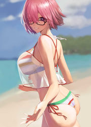 Rule 34 | 1girl, absurdres, ass, bare arms, bare shoulders, beach, bikini, black-framed eyewear, blurry, blurry background, breasts, cowboy shot, day, depth of field, eyes visible through hair, fate/grand order, fate (series), from side, glasses, hair over one eye, highres, large breasts, looking at viewer, looking to the side, mash kyrielight, mash kyrielight (swimsuit of perpetual summer ver.02), multicolored bikini, multicolored clothes, outdoors, outstretched hand, parted lips, pink hair, purple eyes, red ribbon, revision, ribbon, rororo, see-through, short hair, side-tie bikini bottom, smile, solo, swimsuit