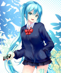 Rule 34 | 1girl, :d, blue cardigan, blue eyes, blue hair, blue skirt, bow, bowtie, cardigan, cellphone, cowboy shot, floating hair, hair between eyes, hand in pocket, hatsune miku, holding, holding phone, long hair, long sleeves, miniskirt, open mouth, phone, pinky iwata, pleated skirt, red bow, red bowtie, skirt, smartphone, smile, solo, standing, twintails, very long hair, vocaloid