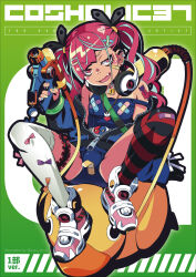 Rule 34 | 1girl, arm tattoo, bandaid, bandaid on clothes, bandaid on face, bandaid on knee, bandaid on leg, bow, bowtie, choker, ear piercing, green background, green bracelet, headphones, highres, hood, hoodie, mismatched socks, multicolored hair, multicolored nails, nail polish, naughty face, non-web source, original, partially unzipped, piercing, pink eyes, pink hair, rubber duck, shoes, sneakers, streaked hair, tattoo, thighhighs, twintails, watanabe akio, water gun