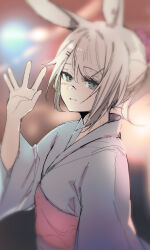 Rule 34 | 1girl, absurdres, animal ear fluff, animal ears, ao oni (onioni-aoi), arknights, blurry, blurry background, character request, depth of field, grey eyes, grey hair, grey kimono, hand up, highres, japanese clothes, kimono, long sleeves, looking at viewer, obi, platinum (arknights), rabbit ears, sash, smile, solo, wide sleeves