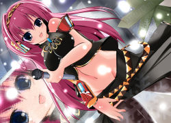 Rule 34 | 1girl, bare shoulders, breast lift, breasts, detached sleeves, groin, hair ornament, jewelry, kiki (koikuchikinako), large breasts, long hair, megurine luka, microphone, midriff, navel, no panties, open mouth, pink hair, road sign, sign, snowflakes, snowing, solo, vocaloid, zoom layer