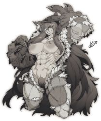 Rule 34 | 1girl, abs, animal ear fluff, animal ears, arm up, bajou takurou, breasts, claws, commission, excessive pubic hair, female pubic hair, fingernails, fur trim, glowing, glowing eye, greyscale, grin, hatching (texture), huge breasts, long fingernails, long hair, monochrome, muscular, muscular female, navel, original, pubic hair, sharp fingernails, sharp teeth, shiny skin, signature, simple background, smile, solo, stitches, teeth, very long hair, white background