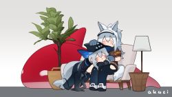 Rule 34 | 2girls, animal ears, arknights, armband, artist name, black capelet, black gloves, blue headwear, blue pants, brown shirt, capelet, closed mouth, computer, couch, closed eyes, gloves, grani (arknights), grey hair, hat, hip vent, horse ears, horse tail, kani fish, lamp, lap pillow, long hair, multiple girls, on couch, pants, plant, ponytail, sad, shirt, shoes, sidelocks, sitting, skadi (arknights), stuffed animal, stuffed orca, stuffed toy, tail, tearing up, white footwear