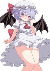Rule 34 | 1girl, :p, absurdres, ascot, bat wings, blush, bright pupils, closed mouth, commentary request, frilled shirt, frilled skirt, frills, hat, hat ribbon, highres, legs, looking at viewer, mob cap, purple hair, red ascot, red eyes, red ribbon, remilia scarlet, ribbon, shirt, short hair, short sleeves, simple background, skirt, solo, thick thighs, thighs, tongue, tongue out, touhou, tsukimirin, white background, white hat, white pupils, wings