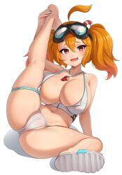 Rule 34 | 1girl, ahoge, ajidot, areola slip, bare shoulders, barefoot, bra, breasts, cameltoe, cerberus (last origin), cleft of venus, covered clitoris, covered erect nipples, crop top, eyewear on head, fat mons, highres, large breasts, last origin, leg up, long hair, looking at viewer, mole, mole under eye, orange hair, panties, partially visible vulva, red eyes, sandals, shoes, simple background, solo, sports bikini, spread legs, sweat, twintails, undersized clothes, underwear, whistle, whistle around neck, white background, white bra, white footwear, white panties