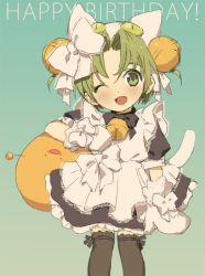Rule 34 | 1girl, animal ears, animal hat, apron, bell, black thighhighs, blue bow, bow, bowtie, cat ears, cat hat, cat tail, dejiko, di gi charat, dress, gema, glove bow, gradient background, green background, green eyes, green hair, hair bell, hair bow, hair ornament, happy birthday, hat, leg ribbon, looking at viewer, maid apron, mittens, neck bell, one eye closed, open mouth, ribbon, sakurako, short hair, smile, solo, tail, thigh ribbon, thighhighs, white bow, white mittens, white tail
