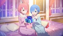 Rule 34 | 2girls, :d, bed, bedroom, blue dress, blue eyes, blue hair, bow, box, closed mouth, collarbone, dress, gift, gift box, hair ornament, hair over one eye, holding, holding box, indoors, long sleeves, multiple girls, official art, on bed, open mouth, pillow, pink bow, pink dress, pink hair, purple bow, ram (re:zero), re:zero kara hajimeru isekai seikatsu, red eyes, rem (re:zero), short hair, siblings, sisters, sitting, sleepwear, smile, x hair ornament
