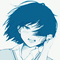 Rule 34 | 1girl, adjusting hair, amagami, blue theme, blush, close-up, commentary, curled fingers, dress shirt, floating hair, hair over one eye, hair strand, hand on own head, hatching (texture), head tilt, highres, looking at viewer, messy hair, monochrome, nanasaki ai, open mouth, oshizu, portrait, shirt, simple background, smile, solo, sweater, teeth, texture, white background, white shirt, wind