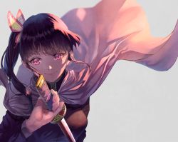 Rule 34 | 1girl, black hair, black jacket, breasts, butterfly hair ornament, cape, closed mouth, grey background, hair ornament, highres, holding, holding sword, holding weapon, jacket, kimetsu no yaiba, koco (dcde7288), long sleeves, looking at viewer, medium breasts, medium hair, pink cape, pink eyes, side ponytail, simple background, smile, solo, sword, tsuyuri kanao, upper body, weapon