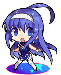 Rule 34 | &gt;:o, 1girl, :o, ahoge, blue eyes, blue hair, breasts, chibi, china dress, chinese clothes, cleavage, cleavage cutout, clothing cutout, dress, full body, hairband, long hair, looking at viewer, matching hair/eyes, orie ballardiae harada, outstretched arms, small breasts, solo, standing, star (symbol), thighhighs, under night in-birth, v-shaped eyebrows, white thighhighs, yusano