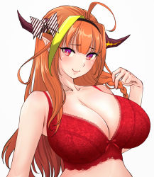 Rule 34 | 1girl, ahoge, black hairband, blonde hair, blunt bangs, bow, bra, braid, breasts, closed mouth, collarbone, commentary request, diagonal-striped bow, dragon girl, dragon horns, hair bow, hairband, highres, hokke (fryinghokke), hololive, horns, huge breasts, kiryu coco, looking at viewer, multicolored hair, orange hair, pointy ears, red bra, red eyes, simple background, single braid, smile, solo, streaked hair, striped, striped bow, underwear, upper body, virtual youtuber, white background, white bow