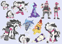 Rule 34 | 2boys, 2girls, armband, belt, black belt, black footwear, black gloves, black hair, boots, brother and sister, carrying, carrying under arm, closed eyes, closed mouth, commentary request, creatures (company), cropped jacket, eyelashes, eyeshadow, fingerless gloves, game freak, gen 4 pokemon, gen 5 pokemon, gen 6 pokemon, gen 8 pokemon, gloves, green eyes, gym leader, highres, holding, holding microphone, hug, hug from behind, jacket, long hair, makeup, malamar, marnie (pokemon), microphone, mira (miramita8727), multicolored hair, multiple boys, multiple girls, nintendo, npc trainer, obstagoon, piers (pokemon), pokemon, pokemon (creature), pokemon swsh, scrafty, short hair, siblings, single glove, skuntank, team yell, team yell grunt, toxtricity, two-tone hair, undercut, white jacket