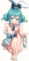 Rule 34 | 1girl, barefoot, blue eyes, blue hair, blush, breasts, cleavage, double bun, feet, hair bun, hatsune miku, highres, holding, holding shoes, long hair, looking at viewer, medium breasts, open mouth, rabbit ears, shoes, unworn shoes, single shoe, solo, toes, vocaloid