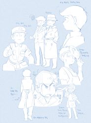 Rule 34 | !?, 10s, 6+boys, armband, bangoul, blue background, blue theme, brothers, capelet, coat, cowlick, deerstalker, formal, hands in pockets, hat, hockey mask, korean text, male focus, mask, matsuno choromatsu, matsuno ichimatsu, matsuno jyushimatsu, matsuno karamatsu, matsuno osomatsu, matsuno todomatsu, monochrome, multiple boys, osomatsu-kun, osomatsu-san, osomatsu (series), sextuplets, siblings, suit, towel, trench coat, uniform