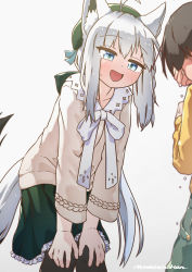 Rule 34 | 1boy, 1girl, :d, absurdres, ahoge, alternate costume, animal ears, black pantyhose, blue eyes, blush, child, commentary request, crying, fox ears, fox tail, green headwear, green skirt, grey background, grey hair, grey sweater, hands on own knees, hat, highres, hololive, leaning forward, long sleeves, mountain han, neck ribbon, official alternate costume, open mouth, pantyhose, ribbon, shirakami fubuki, shirakami fubuki (street), signature, skirt, smile, sweat, sweater, tail, virtual youtuber, white ribbon