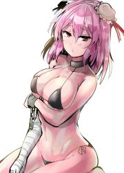 Rule 34 | 1girl, alternate costume, bandages, bandaged arm, bikini, black bikini, blush, breast hold, breasts, bun cover, closed mouth, collarbone, commentary request, cowboy shot, cuffs, double bun, hair bun, highres, ibaraki kasen, large breasts, looking at viewer, navel, pink hair, red eyes, shackles, side-tie bikini bottom, solo, stomach, swimsuit, touhou, y2