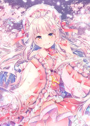 Rule 34 | 1girl, animal ear fluff, animal ears, blush, brown eyes, cat ears, cherry blossoms, commentary request, detached sleeves, fingernails, flower, gluteal fold, hair flower, hair ornament, hands up, head tilt, holding, holding flower, japanese clothes, kimono, light brown hair, long hair, long sleeves, looking at viewer, nail polish, nemuri nemu, obi, original, panties, pink flower, pink kimono, pleated skirt, red nails, red skirt, ribbon-trimmed sleeves, ribbon trim, sash, skirt, sleeveless, sleeveless kimono, sleeves past wrists, solo, underwear, very long hair, white flower, white headwear, white panties, wide sleeves