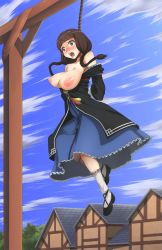Rule 34 | 1girl, asphyxiation, bad id, blush, braid, breasts, breasts out, brown eyes, brown hair, cloud, death, dress, execution, female focus, hanged, highres, large breasts, nipples, no bra, open mouth, outdoors, oxxo (dlengur), peril, rope, sky, snuff, solo, tears, tongue, tongue out, twin braids